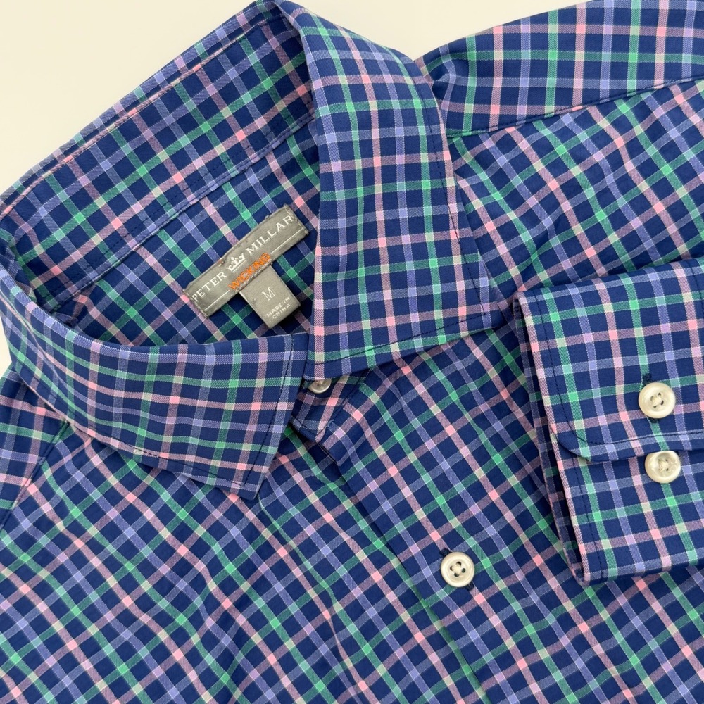 Peter Millar Wicking Mens Medium Blue Plaid Performance Button Down MS15EW03
